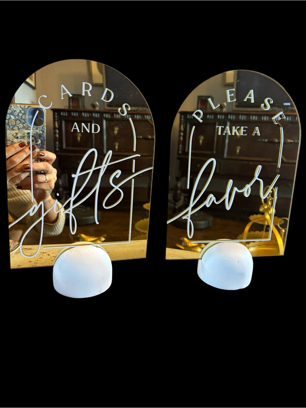 Arched Mirror Signs "Cards and Gifts" + "Please Take a Favor" - White Script
